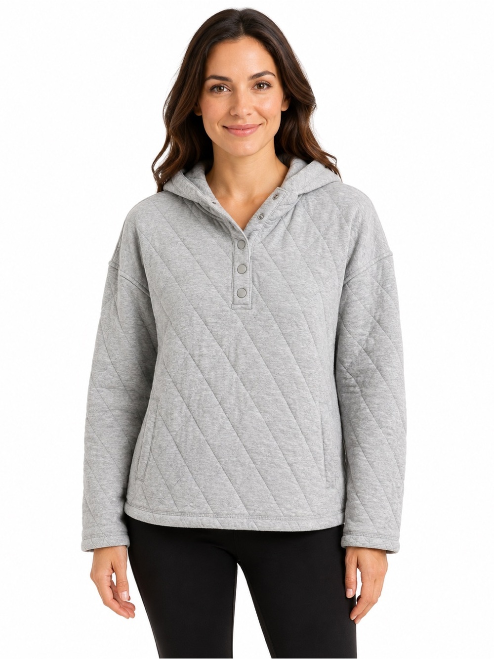 Lands’ End XXL 20 Gray Quilted Hooded Pullover Snap Neck Sweatshirt